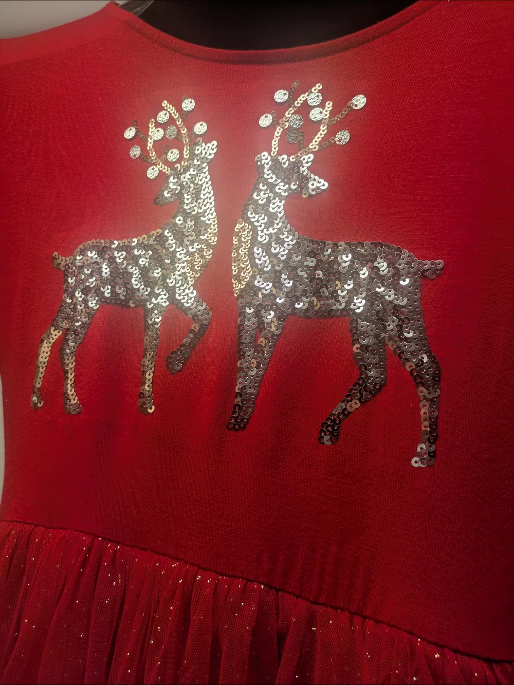 Justice Girls 14/16 Red Sparkle Reindeer Holiday Tulle Dress Pullover Waist Tie